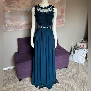 Soiebu Teal Lace Formal‎  Maxi Dress with Lace Back PeakaBoo Top Size M
